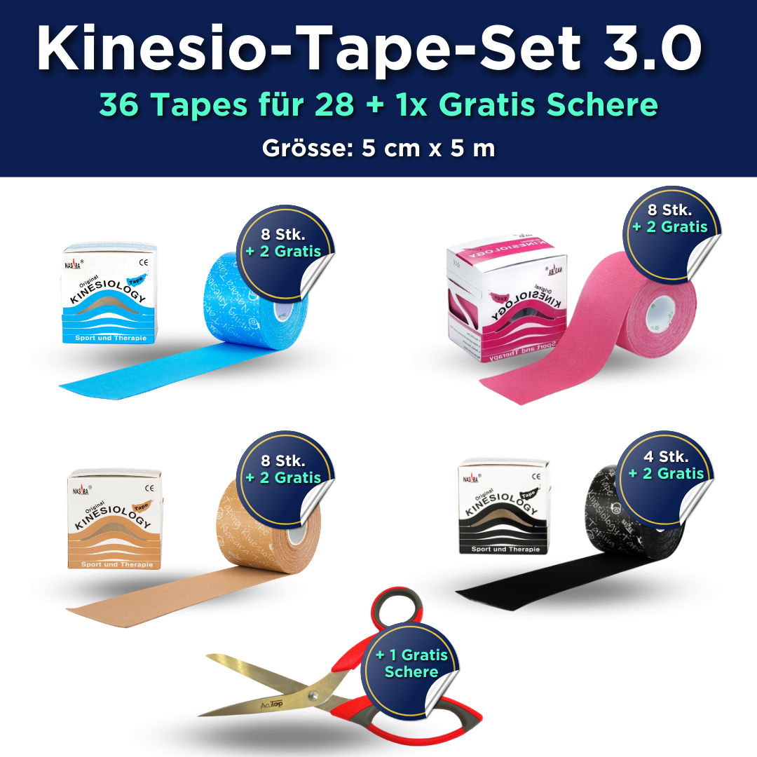 Kinesio-Tape-Set 3.0 - 36 Tapes für 28 + 1x Gratis Schere - 5 cm x 5 m
