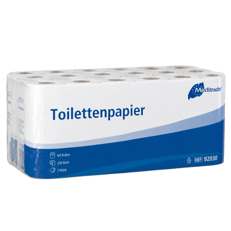 Toilettenpapier 3-lagig, weiss – 250 Blatt pro Rolle (Meditrade)