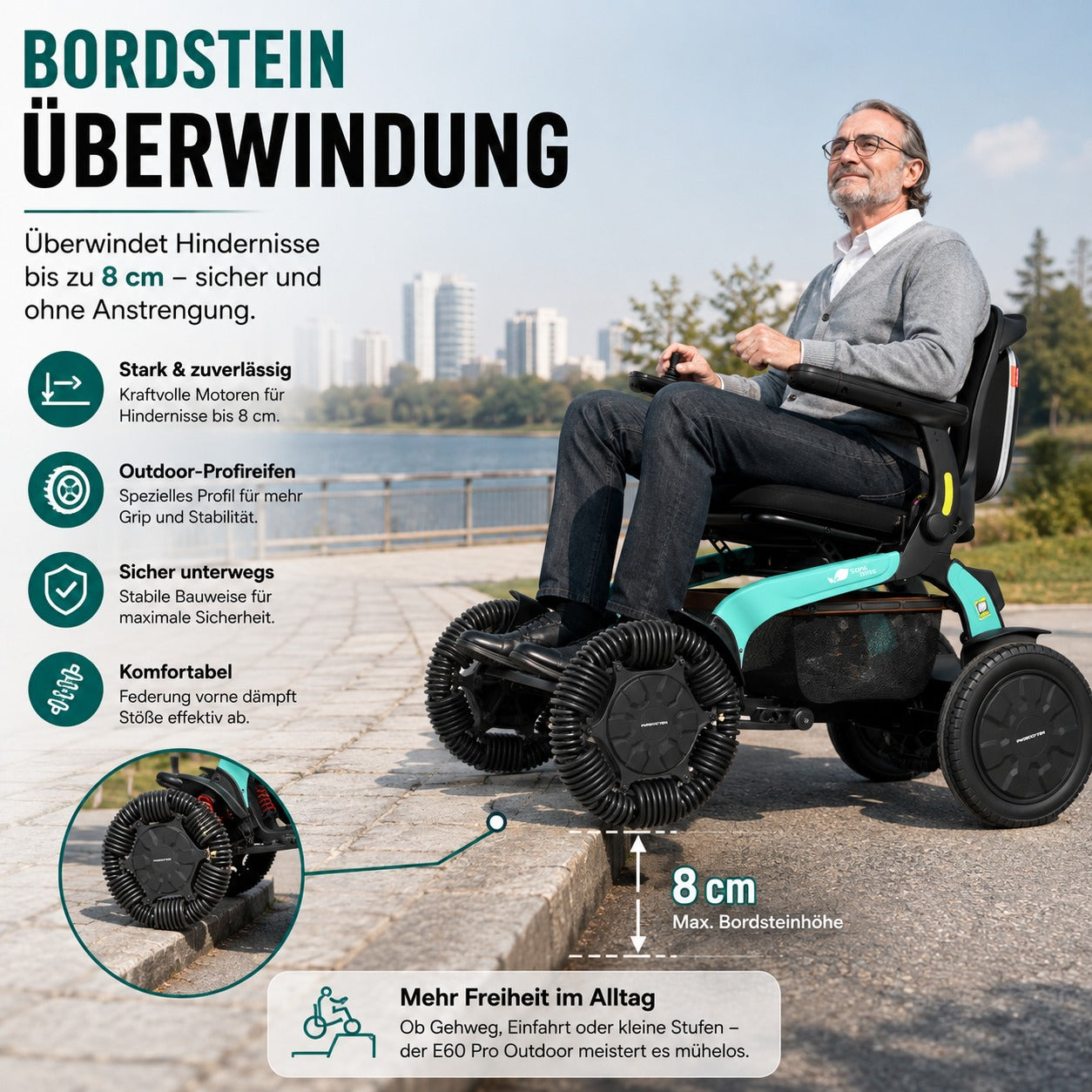 Bordsteinüberwindung bis 8 cm mit dem Elektrorollstuhl E60 Pro Outdoor