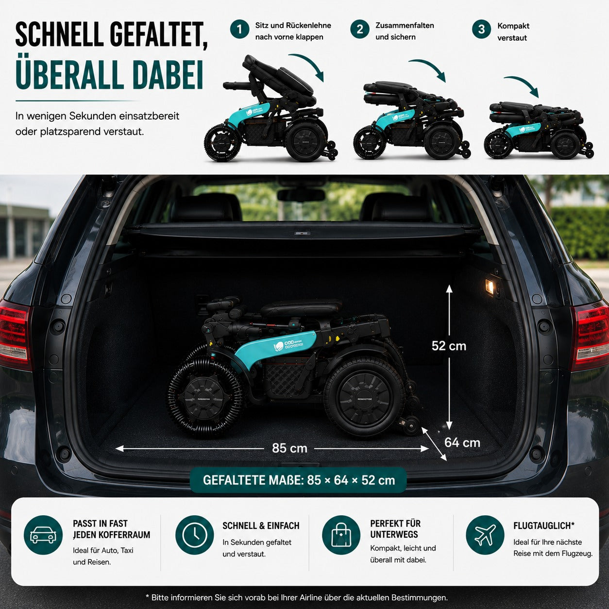 E60 Pro Outdoor in drei Schritten gefaltet – gefaltete Masse 85 × 64 × 52 cm, passt in fast jeden Kofferraum
