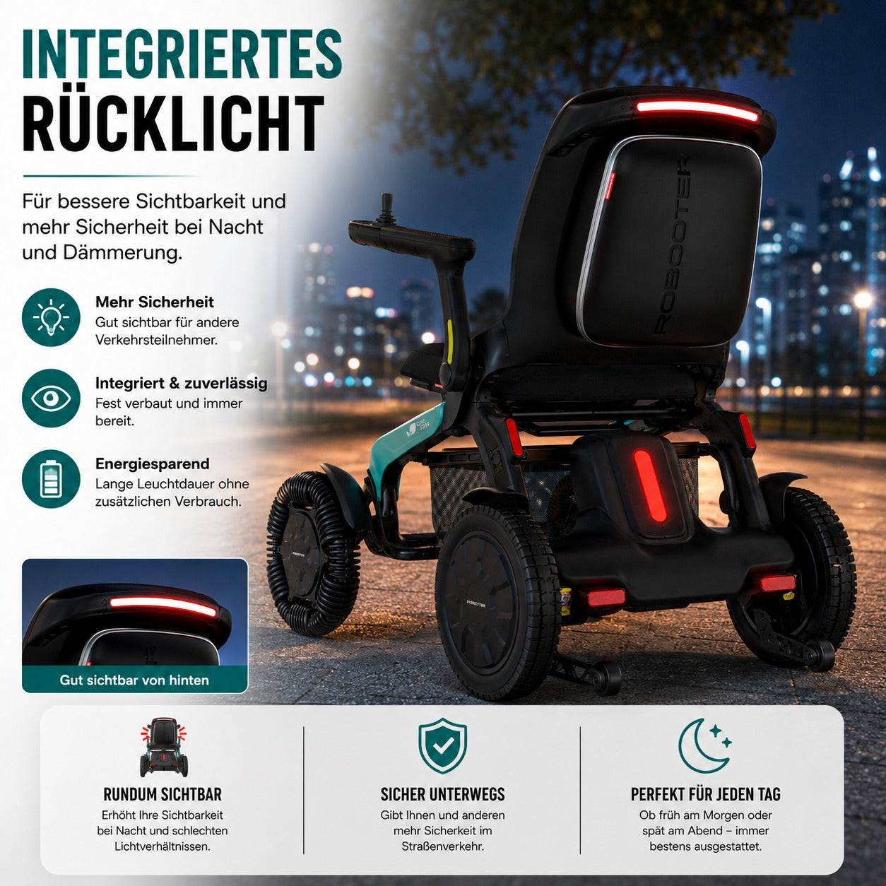 Integriertes Rücklicht am E60 Pro Outdoor für bessere Sichtbarkeit bei Nacht und Dämmerung