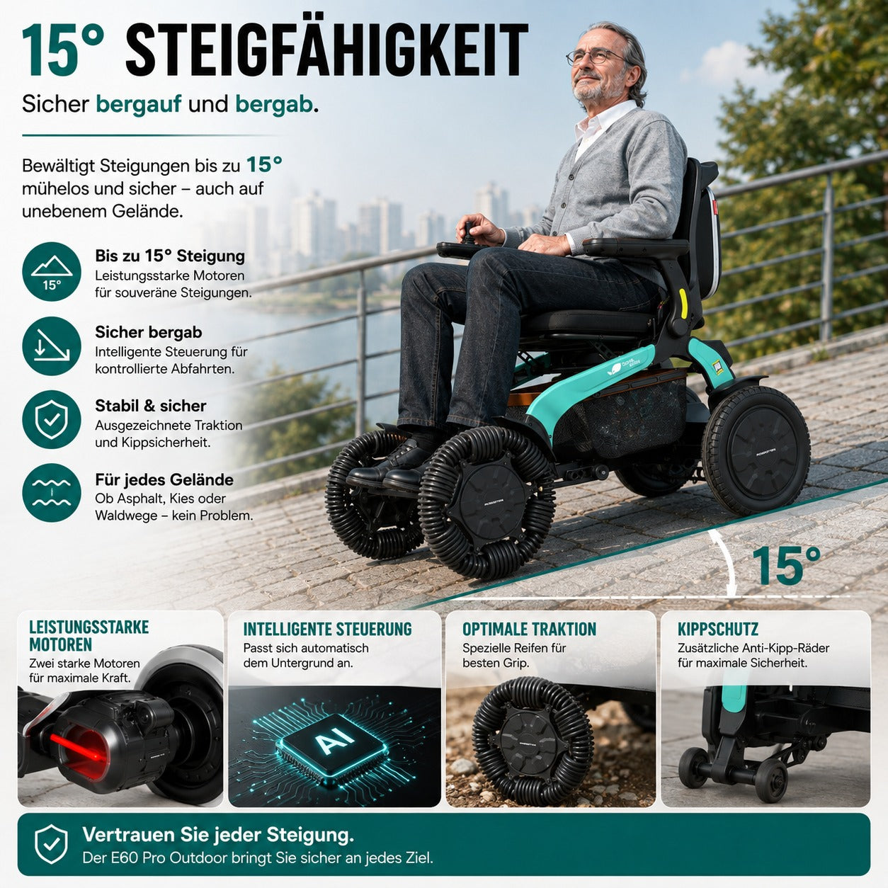 Steigfähigkeit bis 15 Grad – der E60 Pro Outdoor sicher bergauf und bergab