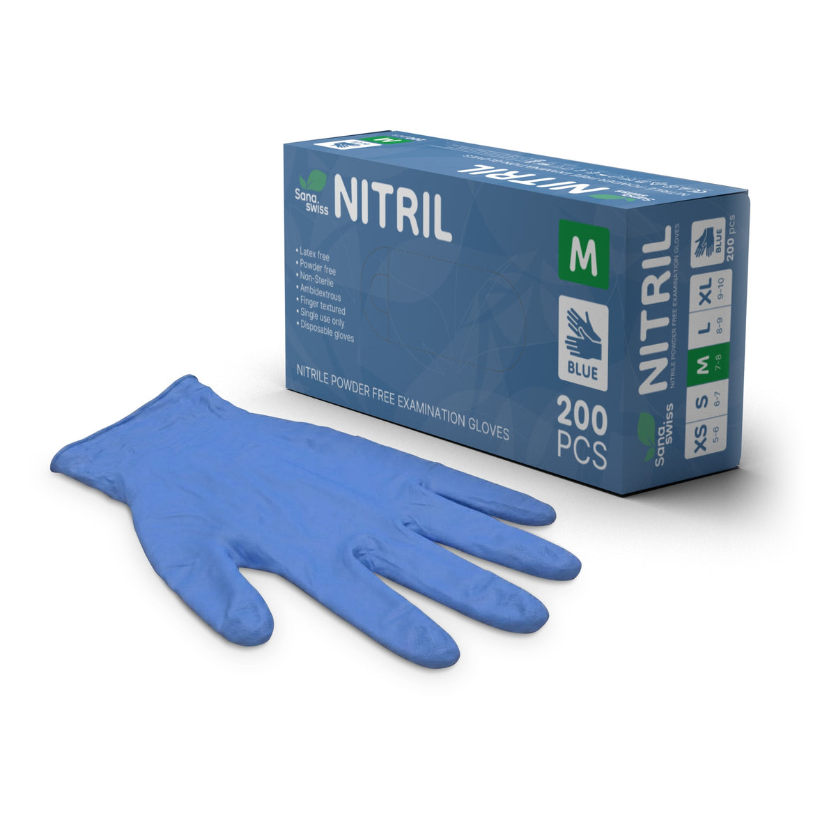 sana.swiss Nitril-Untersuchungshandschuhe blau, puderfrei, Box mit 200 Stk.