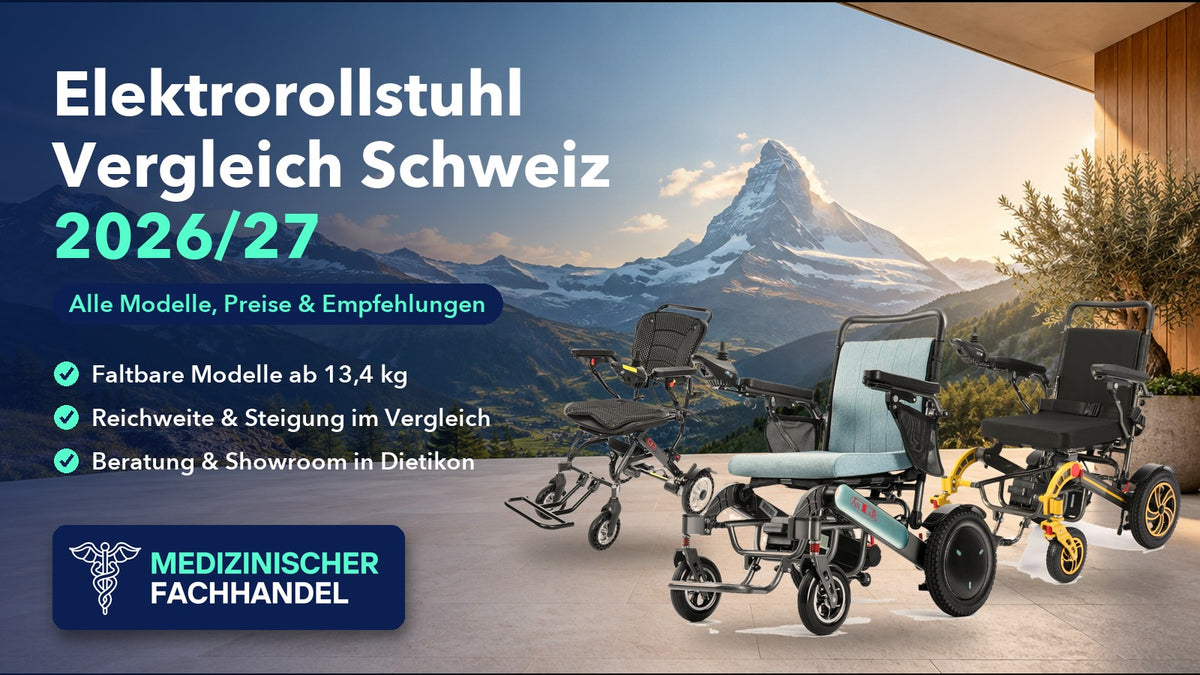 Elektrorollstuhl Vergleich Schweiz 2026/27 – faltbare Elektrorollstühle von Antar vor Alpenpanorama