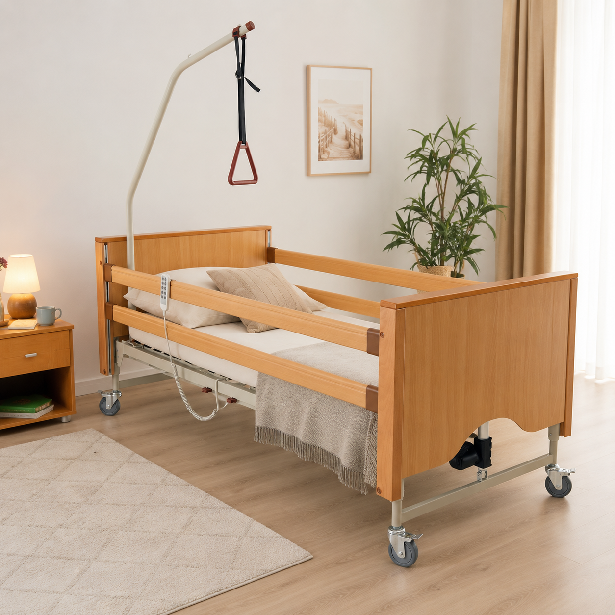 Antar elektrisches Pflegebett im Pflegezimmer – höhenverstellbar in Holzoptik, ideal für Altersheim, Pflegeheim und häusliche Pflege in der Schweiz