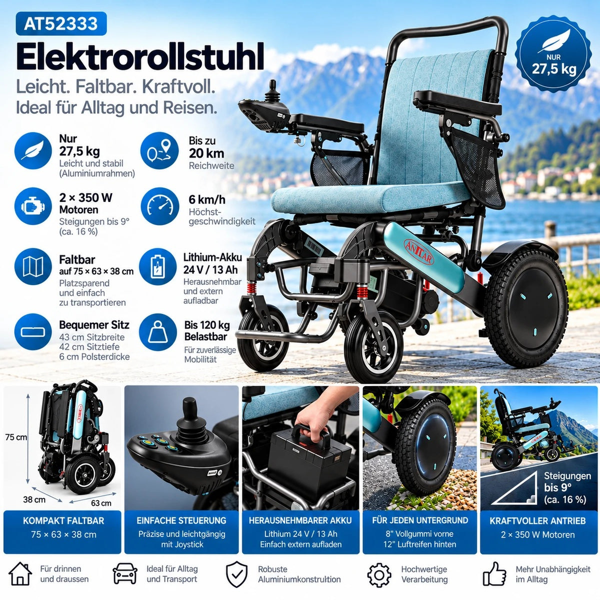 Antar Elektrorollstuhl AT52333 – Vorteile im Überblick: 2 × 350 W, 20 km Reichweite, faltbar, Lithium-Akku