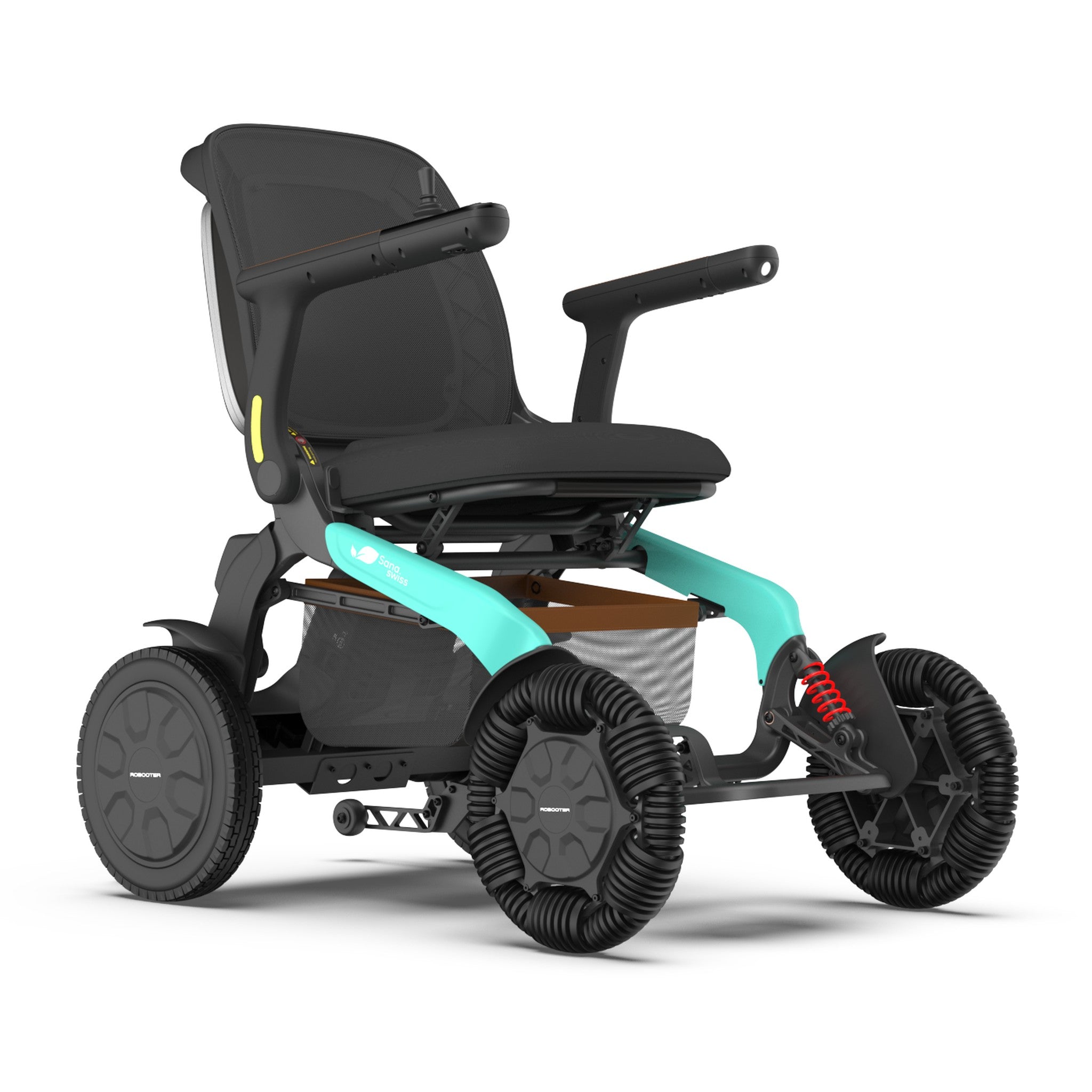 Elektrorollstuhl E60 Pro Outdoor von vorne rechts mit gepolstertem Sitz und Einkaufskorb