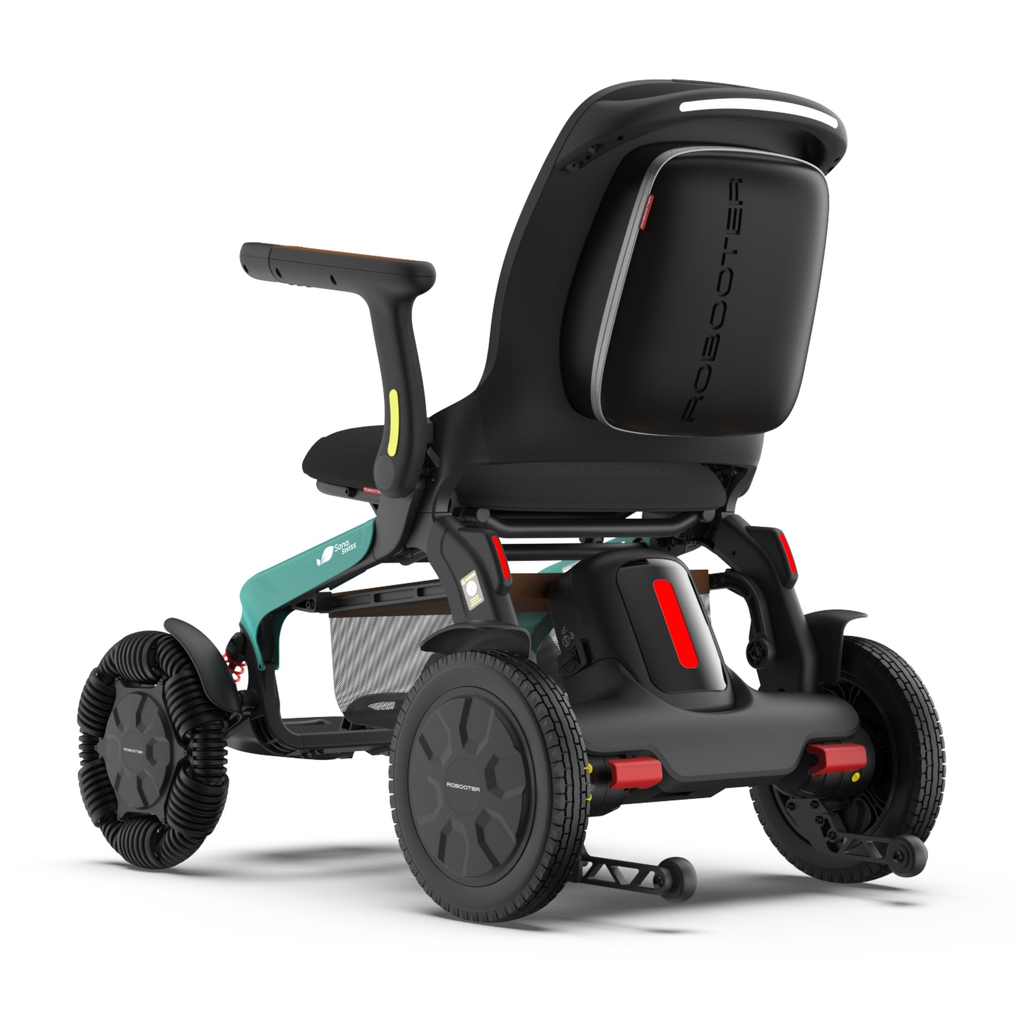 Elektrorollstuhl E60 Pro Outdoor schräg von hinten links mit gefederten Vorderrädern