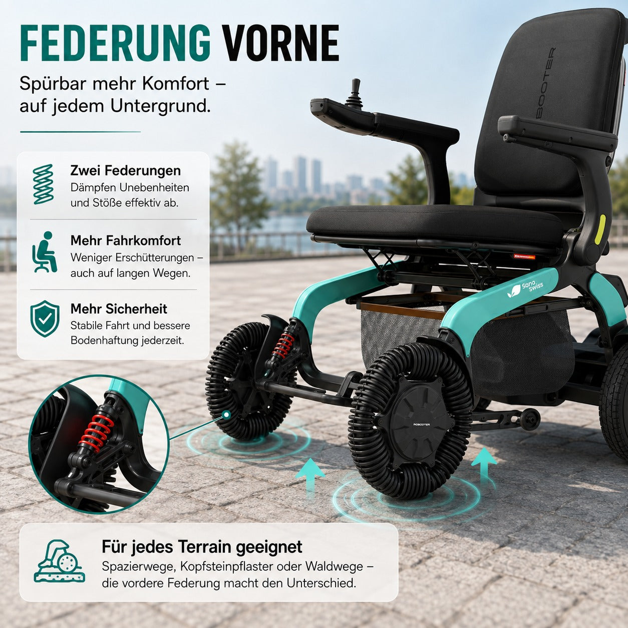Federung vorne beim E60 Pro Outdoor – zwei Federungen dämpfen Unebenheiten auf jedem Untergrund ab