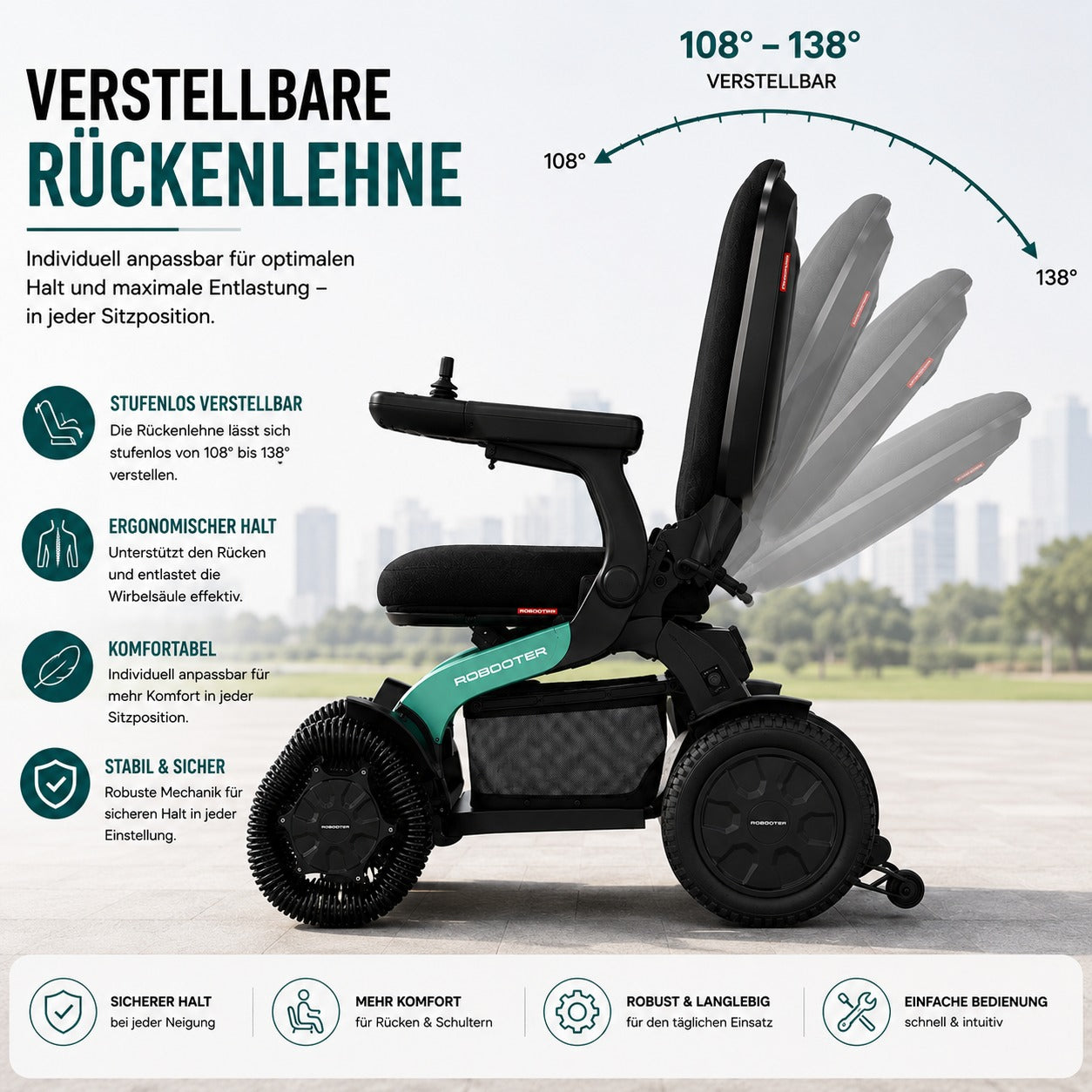 Verstellbare Rückenlehne beim E60 Pro Outdoor – stufenlos von 108 bis 138 Grad verstellbar