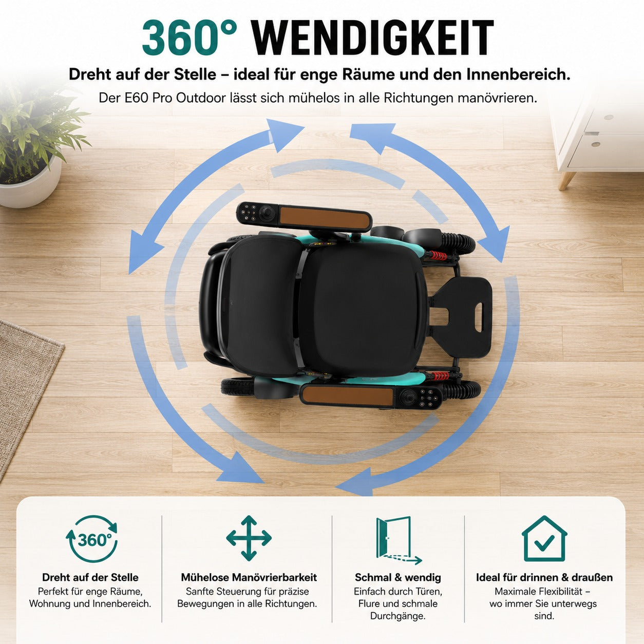 360-Grad-Wendigkeit: Der E60 Pro Outdoor dreht auf der Stelle, ideal für enge Räume