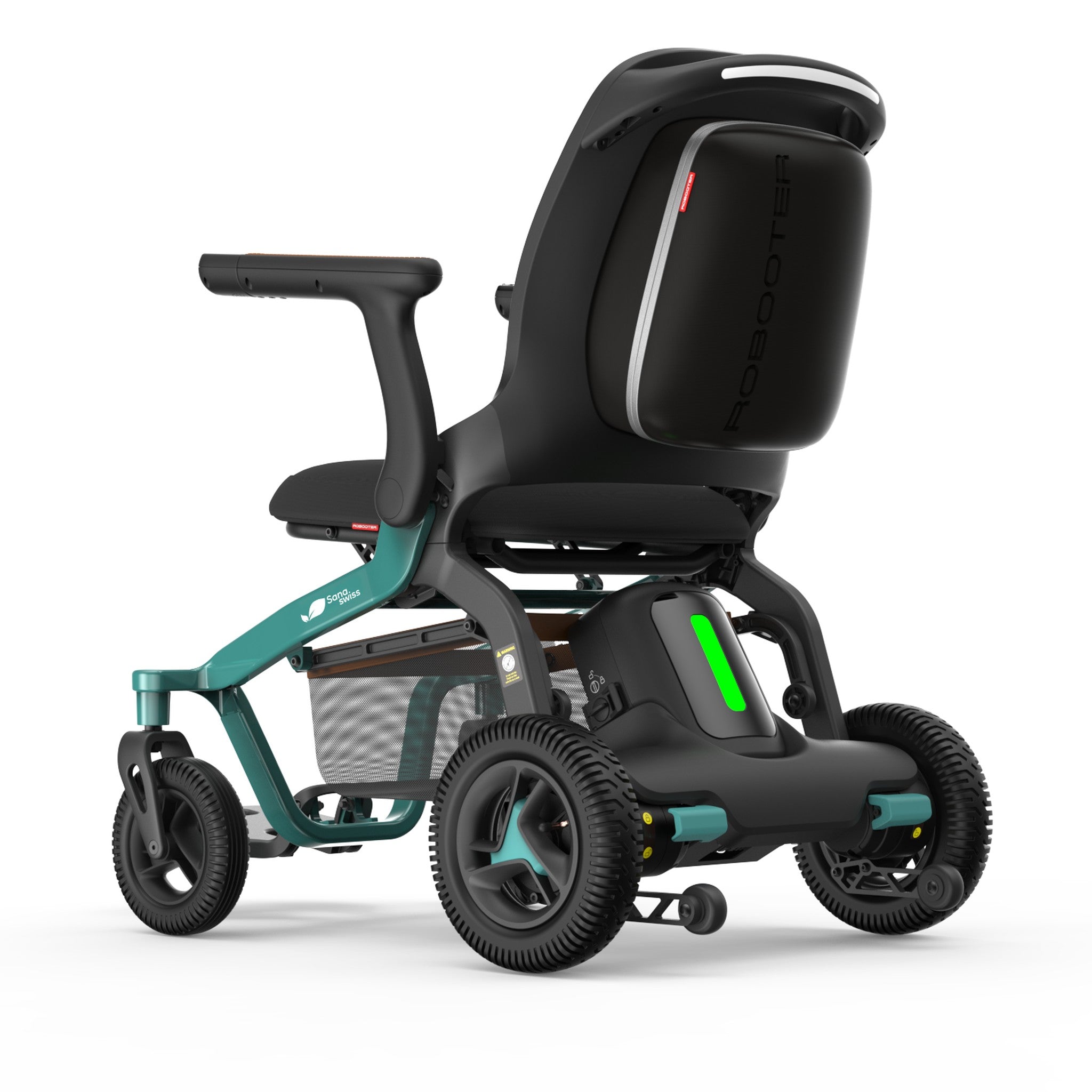 Elektrorollstuhl E40 Indoor schräg von hinten mit Antriebsrädern und gepolstertem Sitz