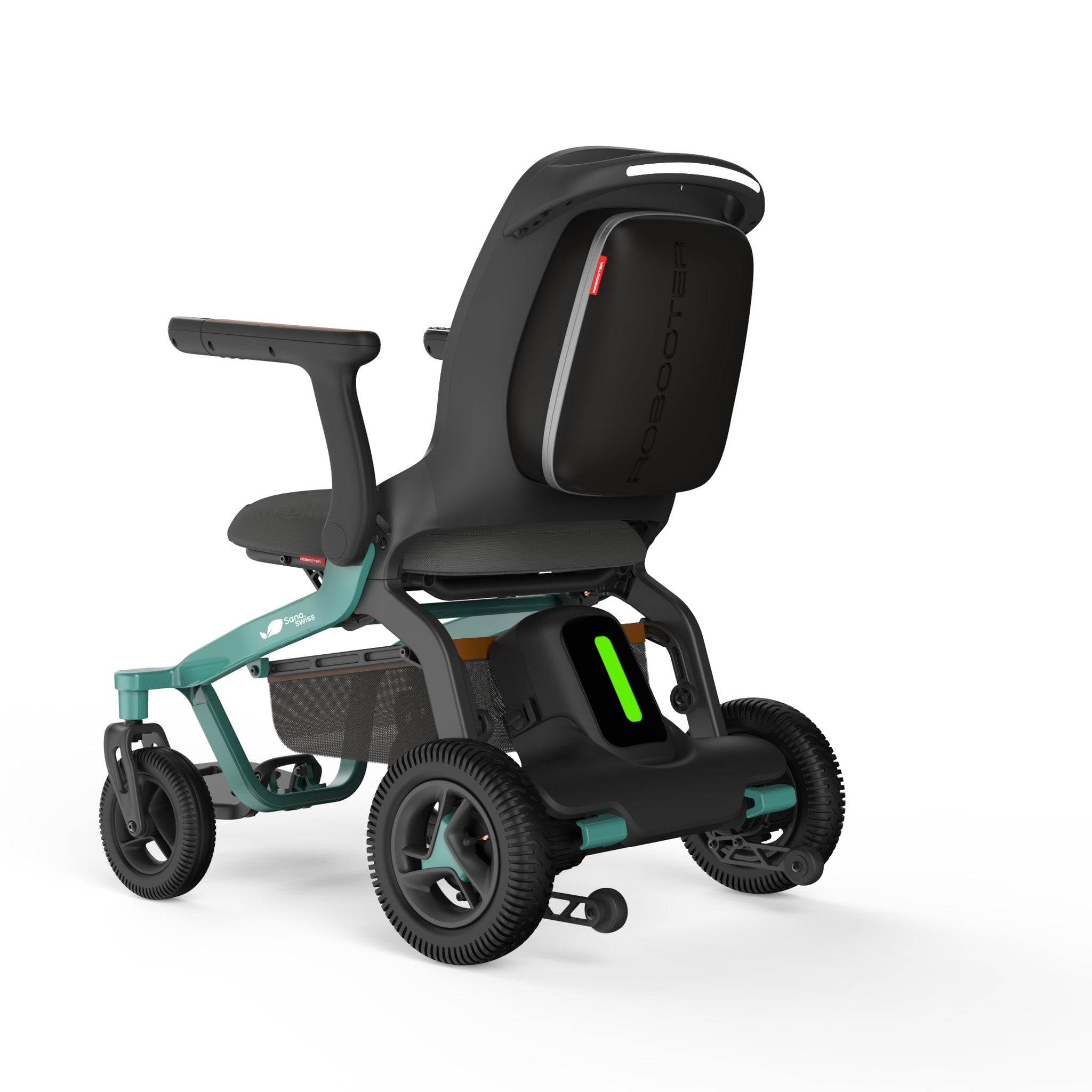 Elektrorollstuhl E40 Indoor von vorne rechts mit gepolstertem Sitz und Joystick